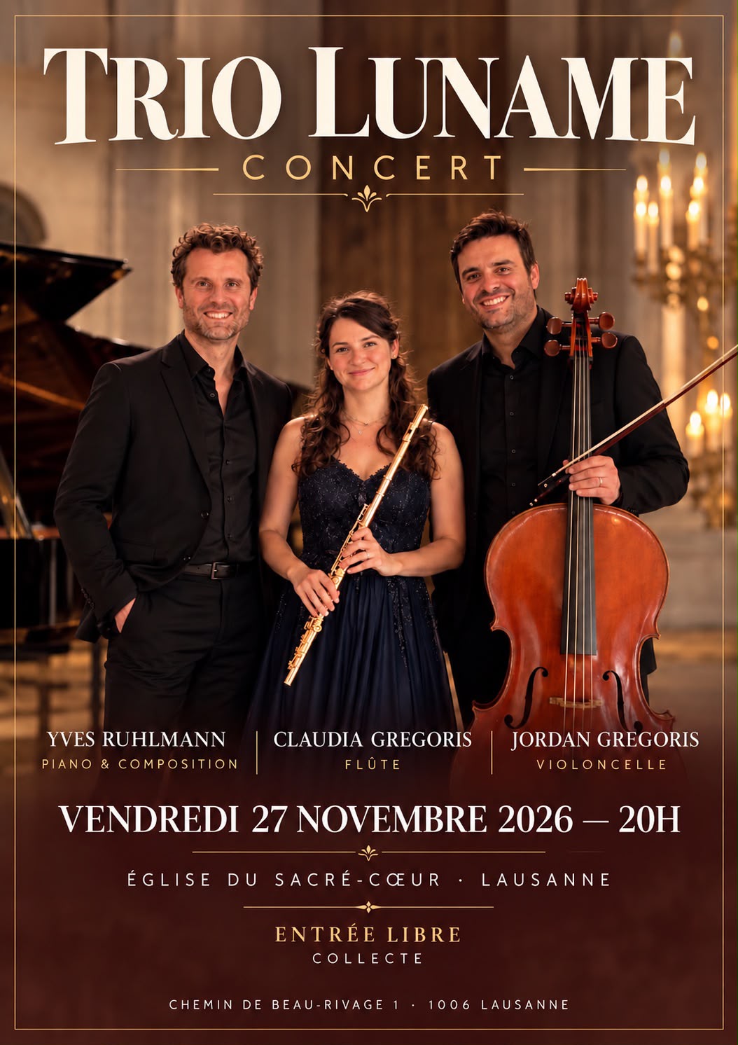 Affiche du concert du Trio Luname, vendredi 27 novembre 2026 à l'église du Sacré-Cœur de Lausanne